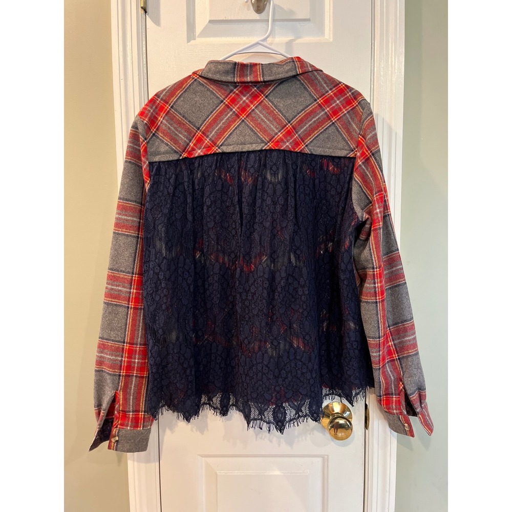 Sundance Plaid Flannel Lace Back Mixed Media Button Down Shirt Size xl b3 - Picture 3 of 8